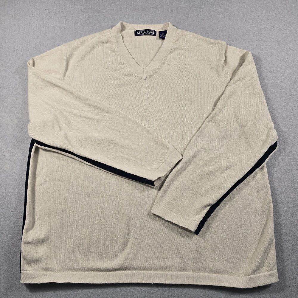 Structure Men's XL Beige V-Neck Pullover Knit Sweater Navy Blue Ribbed Stripes